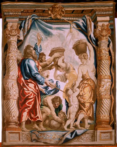 flamsk billedvev. Mannas fall i ørkenen (La caída del maná en el desierto). Serien Nattverdens triumf. Tredje billedvev i serien. Modell Peter Paul Rubens. 1626-1628. Produksjon Jan II Raes, Jacob II Geubels, Hans Vervoert, Ja av Peter Paul (after) Rubens
