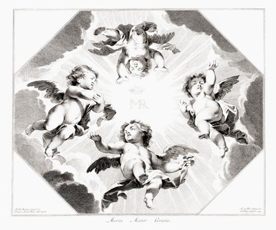Fire barneengler som feirer Jomfru Maria. av Peter Paul (after) Rubens