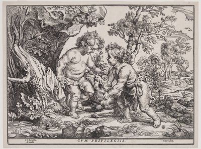 Infant Christ and Saint John Playing with a Lamb, gravering av Christoffel Jegher (1596-1653), etter 1632 (tresnitt) av Peter Paul (after) Rubens