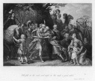 Møte mellom Jakob og Josef, 1. Mosebok XLVI, 29 (gravering) av Peter Paul (after) Rubens