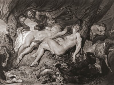Sovende Diana og nymfene hennes spionert av satyrer. (skrive ut) av Peter Paul (after) Rubens
