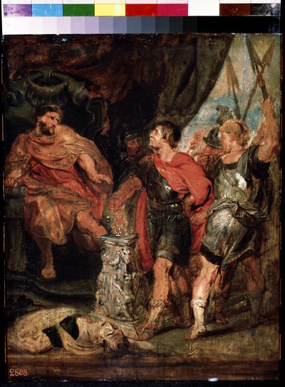 Mucius Scaevola devant Porsenna (Micius Scaevola før Porsenna). Caius Mucius Scaevola, jeune patrician romain capture par la garde royale de Porsenna (Porsinna, Porsena) av Peter Paul (studio of) Rubens