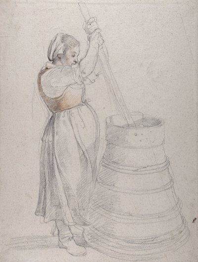 En bondepike kjerner smør (svart og rødt kritt med penn på hvitt papir) av Peter Paul Rubens