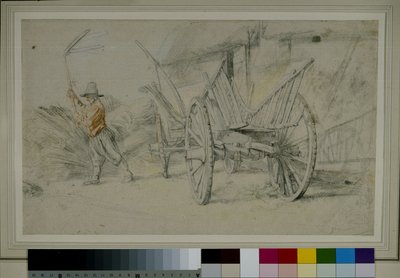 En mann som tresker ved siden av en vogn, gårdsbygninger bak av Peter Paul Rubens