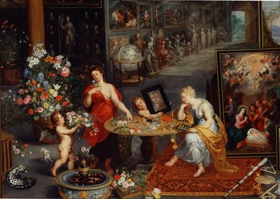 Allegori om syn og lukt Detalj. Unge kvinner nær et bord dekket med blomster og juveler, presenterer en engel et speil til en av kvinnene som beundrer seg selv. Kunstverk hoper seg opp i bakgrunnen. En ilder ligger til venstre. Maleri av Pierre Pa av Peter Paul Rubens