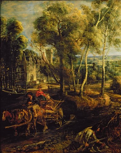 Et høstlandskap med utsikt over Het Steen tidlig om morgenen, ca. 1636 olje på paneldetalj av 211075 av Peter Paul Rubens