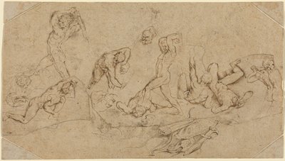 Slaget om nakne menn (penn og brunt blekk over svart kritt på fire uregelmessig kuttede biter av to typer polert papir; lagt ned og med hjørnebiter lagt til) av Peter Paul Rubens
