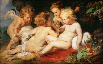 Kristus og døperen Johannes som barn med to engler - Pieter Paul Rubens (1577-1640). Olje på tre, ca. 1615-1620. Mål: 76,5x122,3 cm. Kunsthistorisk museum, Vienne av Peter Paul Rubens