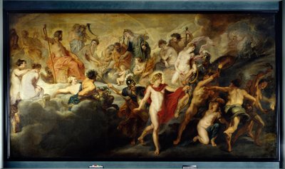 Cycle of Mary de Medicis: The Concert (eller Council) of the Gods for Reciproc Marriages of France and Spain, sa en gang: Dronningens regjering. Allegori om regjeringen til dronning Marie de Medicis av Frankrike (1575-1642). Til venstre gifter Jupiter og J av Peter Paul Rubens