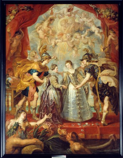 Utveksling av de to prinsessene av Frankrike og Spania på Bidassoa-elven i Hendaye, 9/11/1615 Allegorisk representasjon av ekteskapet mellom Anne av Østerrike og Louis XIII på den ene siden, mellom Isabella av Frankrike (1602-1644) og Filip IV på den andre av Peter Paul Rubens