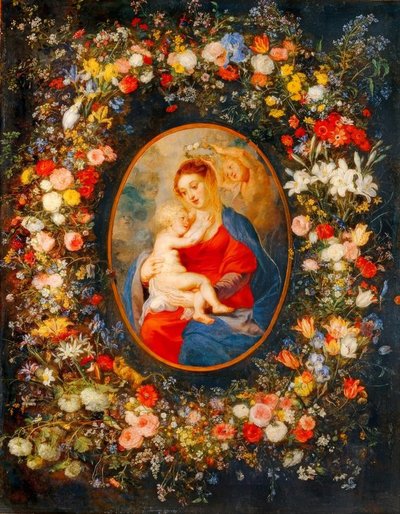 Jomfruen, Jesusbarnet og engler midt i en blomsterkrans av Peter Paul Rubens