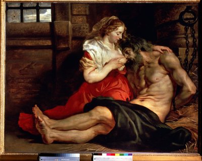 romersk veldedighet. En kvinne ammer en mann i fengselet og fortsetter. Cimon dømt til å sulte i fengsel lever av brystet til datteren Pero. Maleri av Peter Paul (Pierre-Paul) Rubens (eller Peter Paul eller Petrus Paulus) (1577-1640). av Peter Paul Rubens