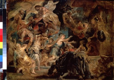 Henry IVs død (1553-1610) og proklamasjonen av Regency (The death of Henry IV and the Proclamation of the Regency). Maleri av Peter Paul (Pierre-Paul) Rubens (eller Peter Paul eller Petrus Paulus) (1577-1640). Olje på tre, 48 x 65 cm av Peter Paul Rubens
