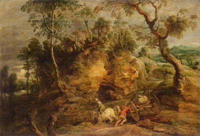 Landskap med steinbærere, ca. 1620 (olje på lerret overført fra panel) av Peter Paul Rubens