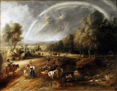 Landskap med regnbuemaleriet av Peter Paul (Pierre-Paul) Rubens (eller Peter Paul eller Petrus Paulus) (1577-1640) ca. 1638 Dim. 94x123 cm Alte Pinakothek, Bayerische Staatsgemaeldesammlungen, München, Tyskland av Peter Paul Rubens