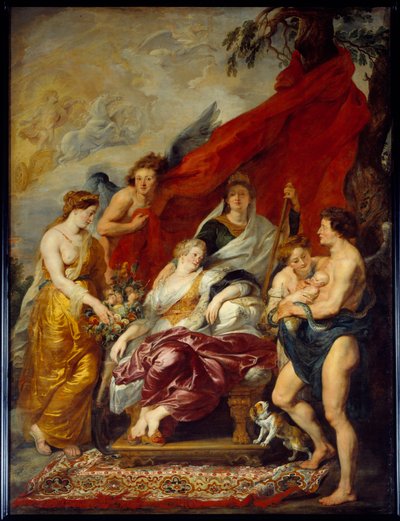 Ludvig XIII ble født i Fontainebleau 27. september 1601. Hans mor Marie de Medicis (Maria de Medici) sitter på tronen og ser på det nye ne. Maleri av Pierre Paul (Pierre-Paul) Rubens (eller Peter Paul eller Petrus Paulus) (1577-1640) av Peter Paul Rubens
