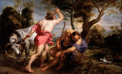 ""Mercury and Argus"" Mercury blir instruert av Zevs om å legge Argus i søvn, Ios vokter, forvandlet til en kvige av Hera (Mercury and Argus) Maleri av Pieter Paul Rubens (1577-1640) 1636-1638 Dim 180x298 cm Museo del Prado, Madrid av Peter Paul Rubens