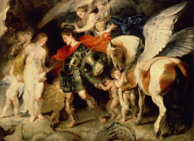 ""Perseus og Andromeda"" (Perseus og Andromeda) Andromeda lenket til en stein blir levert av Persee akkompagnert av Pagasus. På skjoldet hans hodet til Medusa som han drepte. Maleri av Pierre Paul (Pierre-Paul) Rubens (eller Peter Paul eller Petrus Paulus) av Peter Paul Rubens