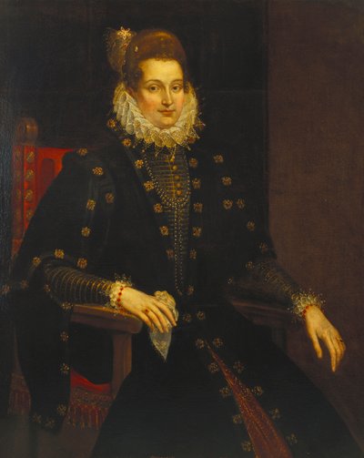 Portrett av en dame som sitter trekvart i en svart kjole med ruff av Peter Paul Rubens