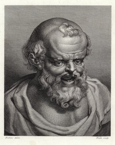 Portrett av den antikke greske filosofen Democritus (stippgravering) av Peter Paul Rubens