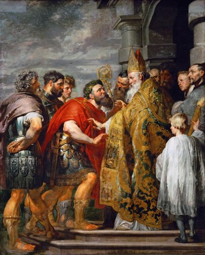 Den hellige Ambrosius av Milano (død 397) og keiser Theodosius I den store (347-395) - Den hellige Ambrosius og keiser Theodosius I - Pieter Paul Rubens (1577-1640). Olje på lerret, ca. 1615. Mål: 362x246 cm. Kunsthistorisk museum, Wien av Peter Paul Rubens