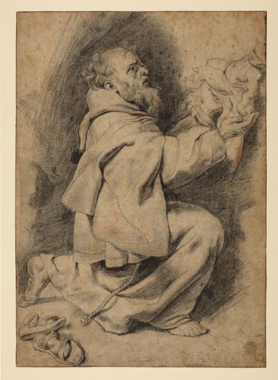Saint Francis kneler, mottar spedbarnet Kristus, ca. 1617 av Peter Paul Rubens