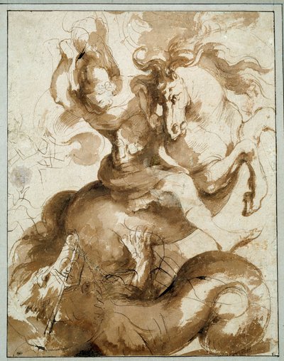 Saint George dreper dragen. Tegning av Pierre Paul (Pierre-Paul) Rubens (eller Peter Paul eller Petrus Paulus) (1577-1640) Ec. Flam. av Peter Paul Rubens