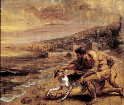 Oppdagelsen av den lilla En føniker finner takket være hunden sin et skall (Murex) som produserer den røde tinkturen. Vaskemaleri av Pierre Paul (Pierre-Paul) Rubens (eller Peter Paul eller Petrus Paulus) (1577-1640) 1600-tallet søn. 0,28x0,34 m Bayonne, M av Peter Paul Rubens