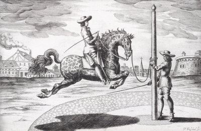 A Horse en Capriole fra New Treatise for Breeding Horses skrevet av Winters, Stuterey og Reit-Schul, gravert av kunstneren, pub. 1672 gravering av Peter Paul Troschel