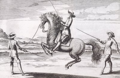 Illustrasjon av en hest en Croupade fra New Treatise for Breeding Horses skrevet av Winters, Stuterey og Reit-Schul, pub. 1672 av Peter Paul Troschel