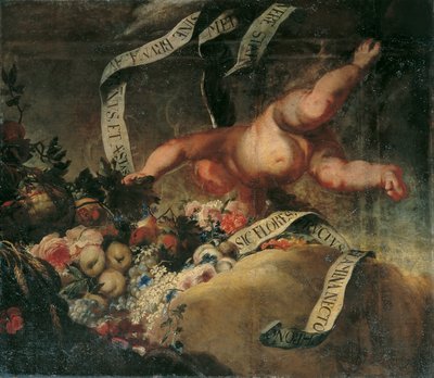 Putto med blomster, frukt og banner av Peter Strudel