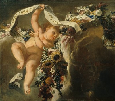 Putto med blomstertråd og banner av Peter Strudel