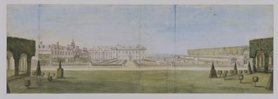 Utsikt over hagen og huset i Upper Winchendon, Buckinghamshire (wc over grafitt på papir) av Peter Tillemans