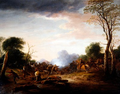 Et bakholdsangrep i et skogslandskap av Peter de Bloot