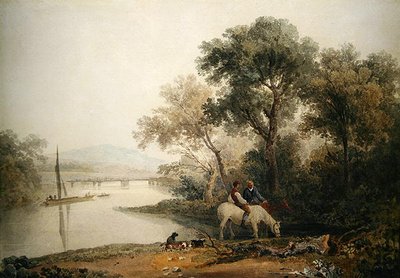 Rustikk som vanner hestene sine ved en elvekant, et tårn bortenfor (akvarell på papir) av Peter de Wint