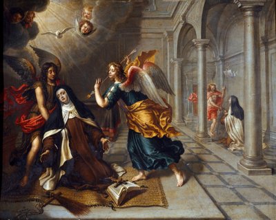 Den hellige Therese av Avila (av Jesusbarnet) (1515-1582) møter engelen som gjennomborer hjertet av sin gyldne darter Maleri av Peter Van Lindt (1600-tallet) Dim. 85x70 cm Genes, Galleria di Palazzo Bianco av Peter van Lint