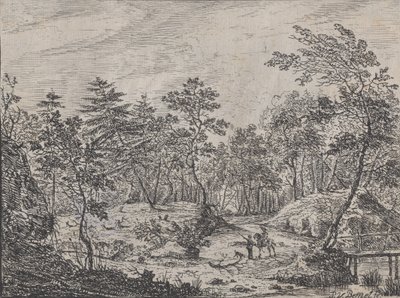 Skoglandskap med en rytter som samtaler med en mann i midten, en gangbro til høyre, 1716. av Peter von Bemmel