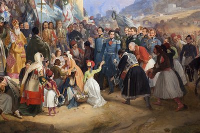 Inngangen til kong Othon I av Hellas (1815-1876) til Athen, ønsket velkommen av folkemengden foran tempelet til Hephaistos (Hephaisteion) (Hephaistos) eller Theseion på Agora (Hellas) av Peter von Hess