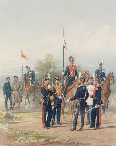 En gruppe offiserer og soldater fra Life Guard Lancer Regiments of His and Her Majesties, 1873 av Petr Balashov