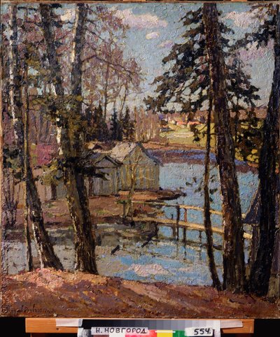 Vår. Ved en dam. Maleri av Pyotr Ivanovich Petrovichev (Pyotr Petrovichev) (1874-1947), olje på lerret av Petr Ivanovic Petrovichev