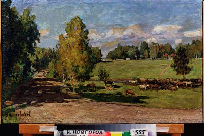 Hvil i enga. (Besetning nær en bekk, krysser en beitemark). Verk av Pyotr Ivanovich Petrovichev (Piotr Petrovichev) (1874-1947), olje på papp av Petr Ivanovic Petrovichev