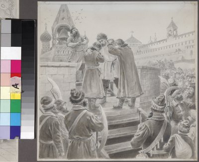 Illustrasjon til diktet The Song of the Merchant Kalashnikov av M. Lermontov par Korovin, Pyotr Ivanovich (1857-1919), - Blyant på papir - State Lermontov Museum Tarkhany av Petr Korovin