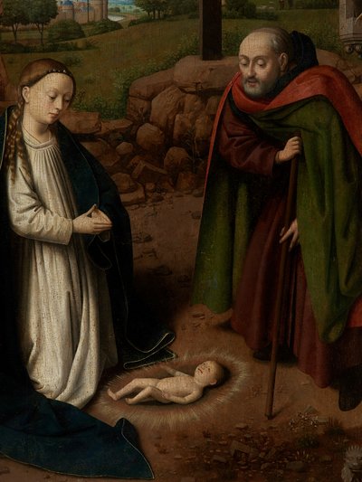 Detalj av tilbedelse av Kristus-barnet av Petrus Christus