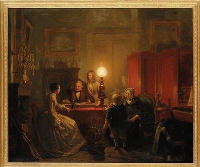 En familie samlet rundt et lampeopplyst bord, 1854 av Petrus Kiers