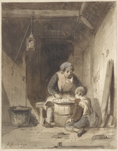 Mann og gutt spiser i en låve av Petrus Marius Molijn