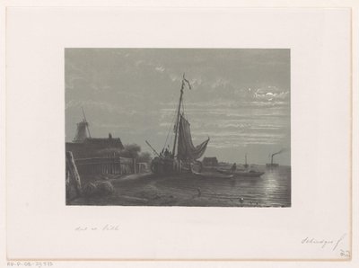 Seilskip på tørt land ved måneskinn av Petrus Paulus Schiedges (I)