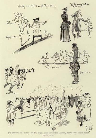 The Humors of Skating på Round Pond, Kensington Gardens, under den siste frosten av Phil May