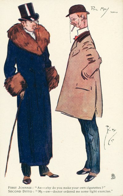 To herrer har en samtale om sigaretter og trening (farge litho) av Phil May