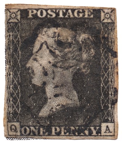 One Penny Black, verdens første frimerke, ca. 1840 av Philately