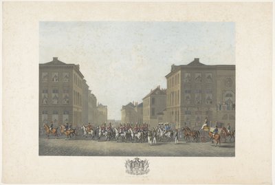 Band ved innvielsen av William I i Brussel 21. september 1815 Tolv plater med ankomst og innvielse av William I i Brussel og kampene ved Quatre-Bras og Waterloo i 1815 (serietittel) av Philibert Louis Debucourt